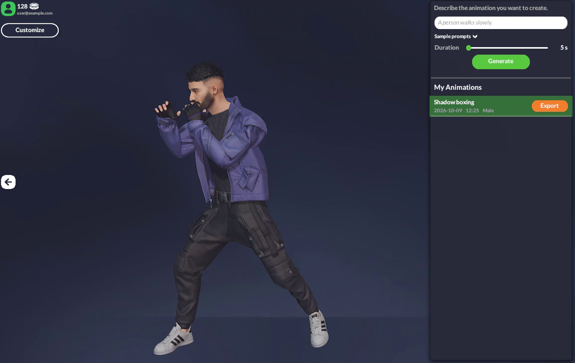 Animation generation in MetaPerson Creator: a prompt, duration and Generate button above the My Animations list, next to an avatar performing a generated animation.