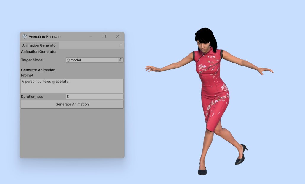 The Animation Generator window with a prompt entered, next to a character performing the generated animation.