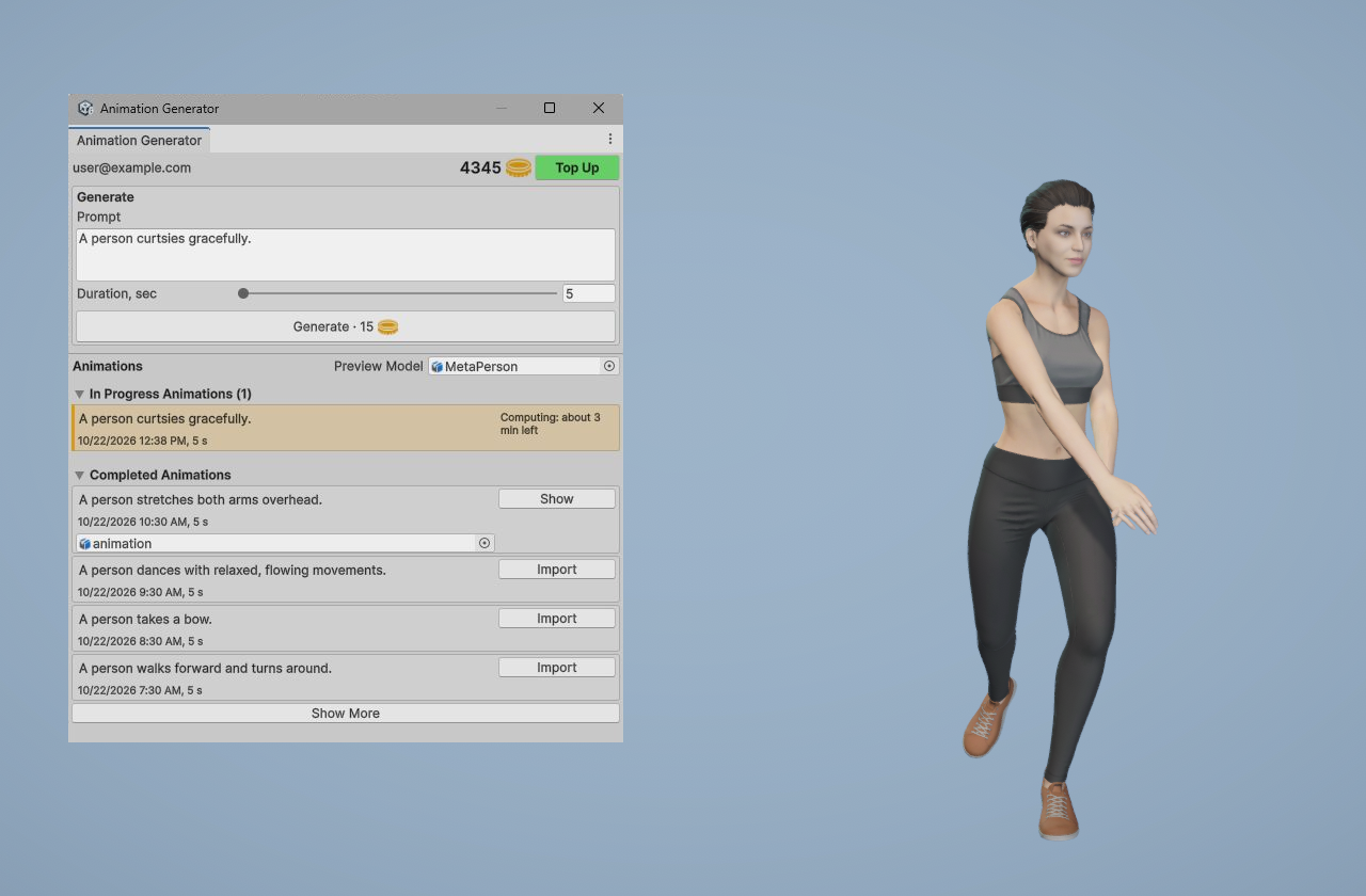 The Animation Generator window with a prompt and an animation in progress, next to a character performing a generated animation.