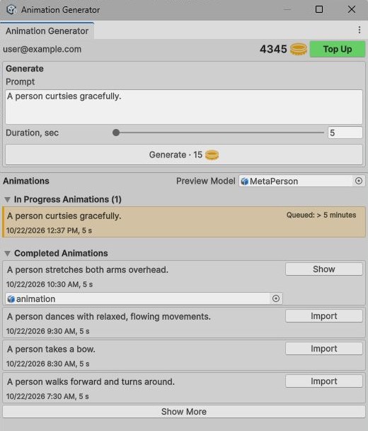 The Animation Generator window listing an animation in progress with the estimated waiting time and several completed animations.