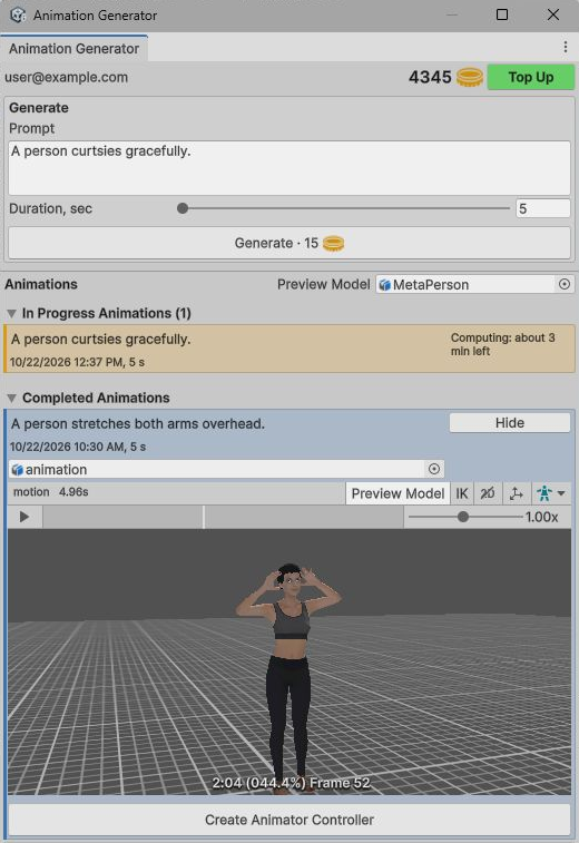 The generated clip playing in the preview, with a Create Animator Controller button.