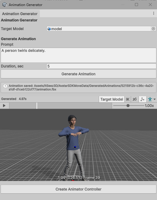 The generated clip playing in the preview, with a Create Animator Controller button.