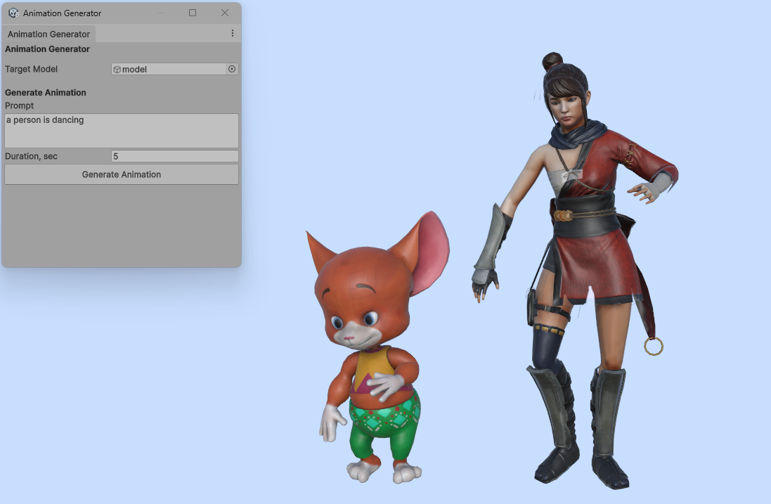 A stylized cartoon character and a realistic character performing the same generated animation.