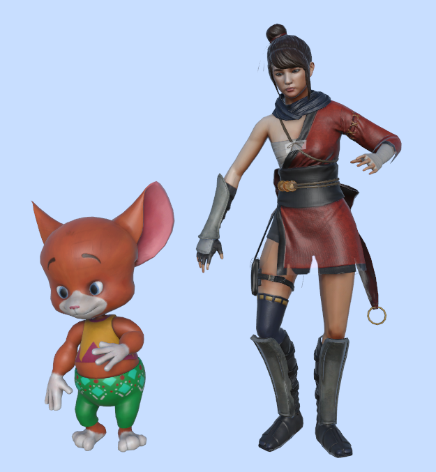 A stylized cartoon character and a realistic character performing the same generated animation.