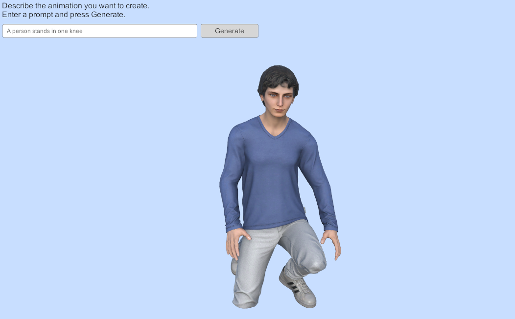 A running application with a prompt field, a Generate button, and a character kneeling on one knee.