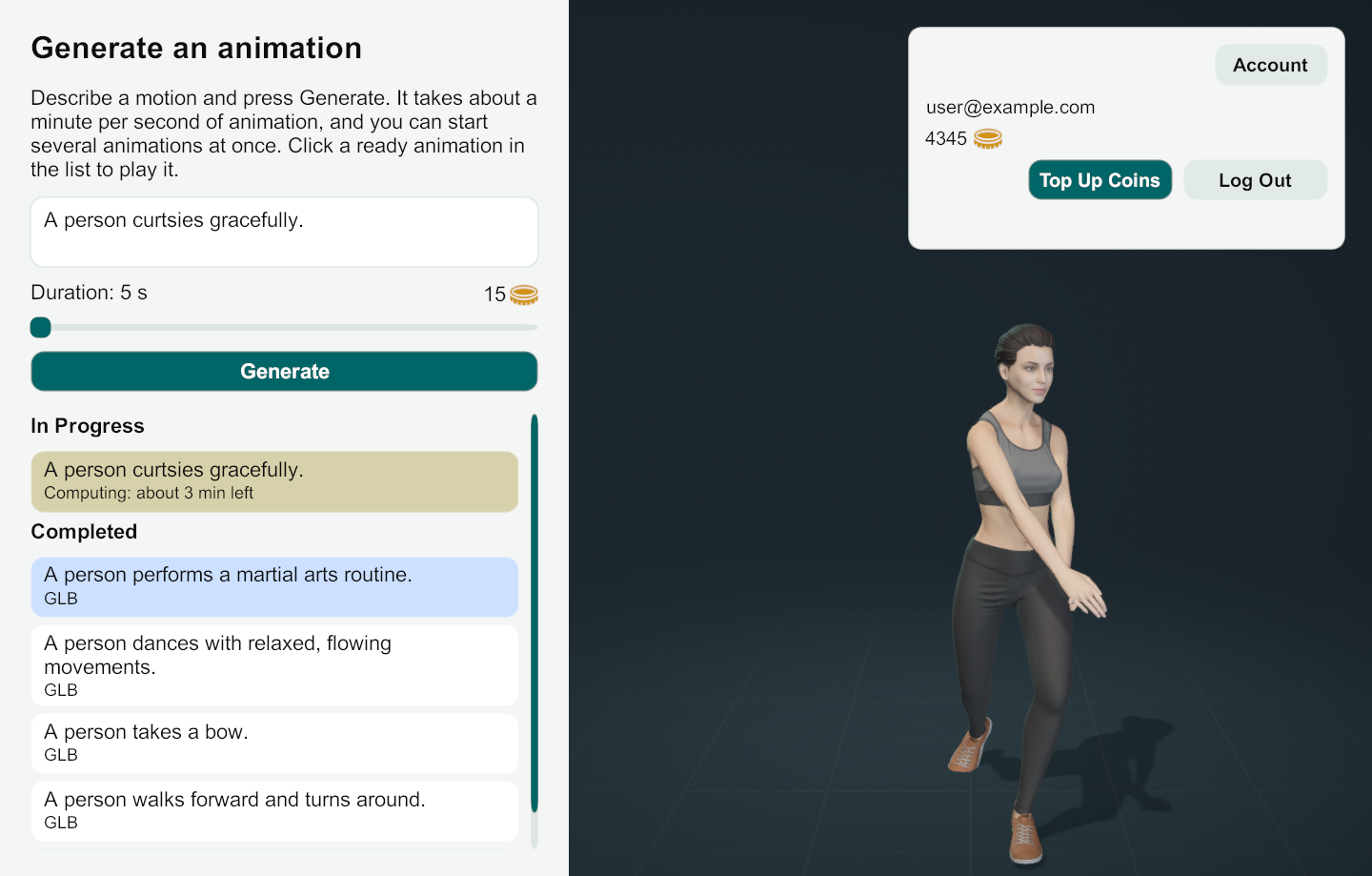The runtime sample with sign-in, a prompt and animation history, and a character playing a generated animation.