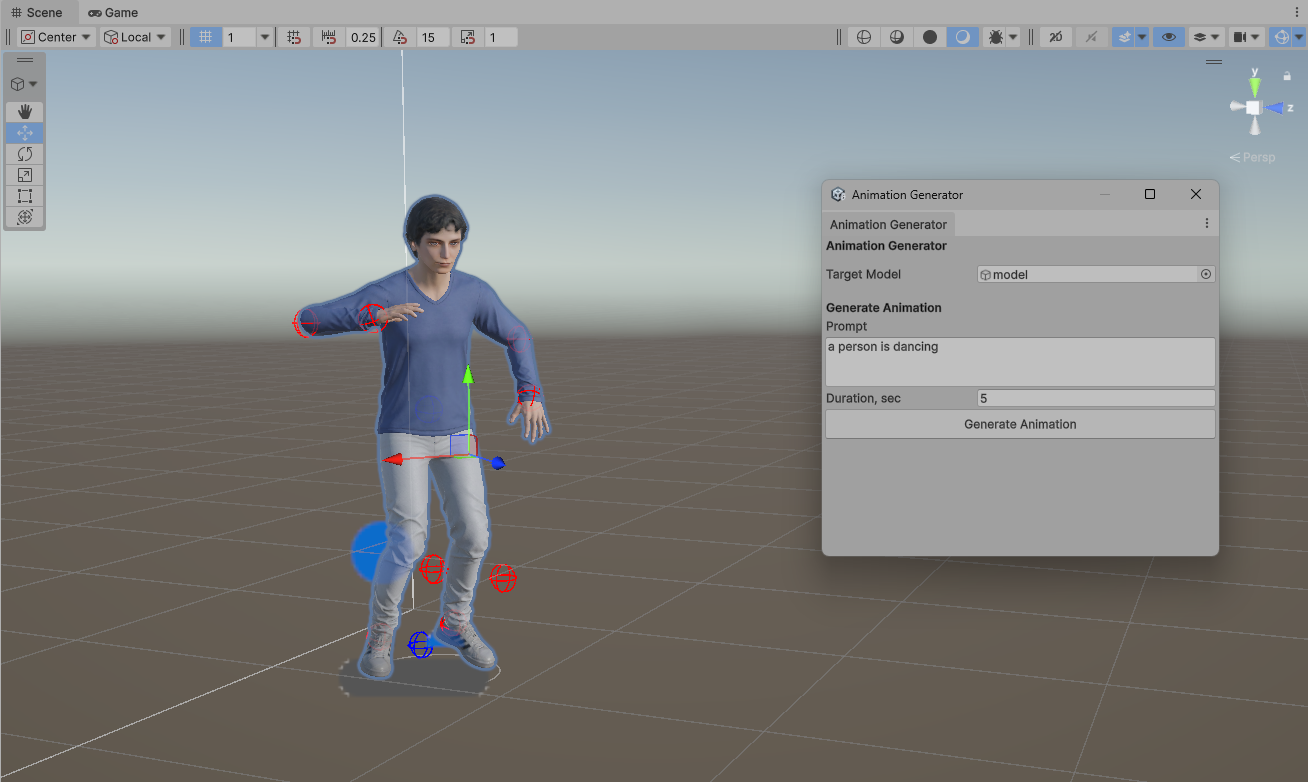 The Animation Generator window docked over the Unity Scene view with a character selected.